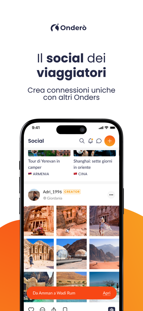 Onderò - Onderò app screenshot showing a social feed with travel guides and photo collections from a creator in Jordan.