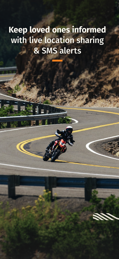 A motorcyclist riding on a winding mountain road with text describing live location sharing and SMS alerts