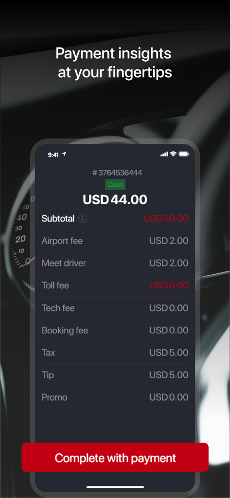 Global Driver - Mobile app screen showing a detailed fare breakdown with subtotal fees and tips