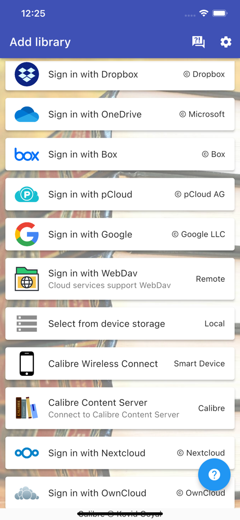 Calibre Sync - Calibre Sync app interface showing various cloud storage and connection options to add a book library