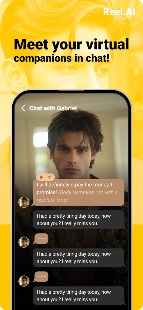 Reel.AI - A mobile interface of the Reel.AI app featuring a virtual companion chat with a character named Gabriel.