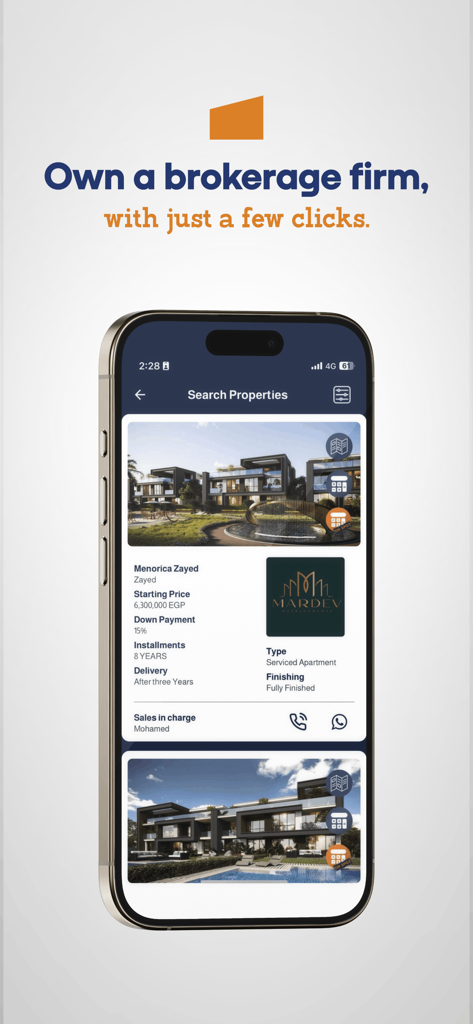 Un telefono cellulare che mostra la schermata di ricerca immobiliare dell'app Byit con elenchi di immobili di lusso