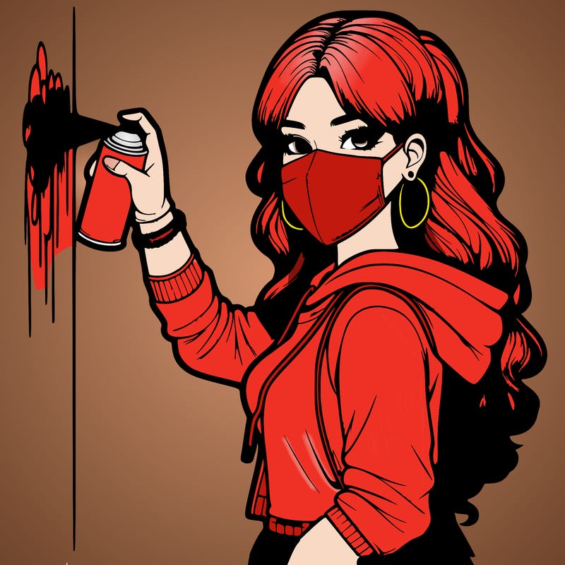 realistic girl with mask spray painting a wall