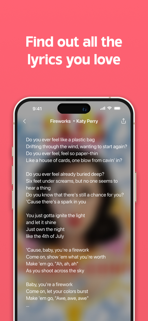 Song Finder : Music Identifier - A smartphone screen showing the lyrics for Fireworks by Katy Perry inside the Song Finder app interface