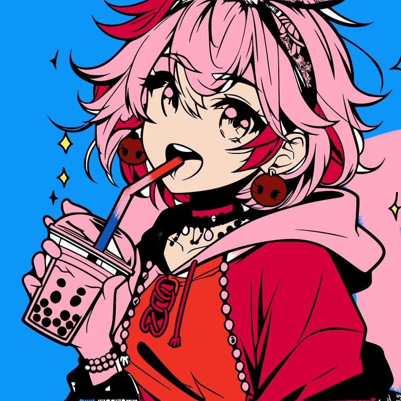 hot baddie anime girl drinking boba and biting the straw