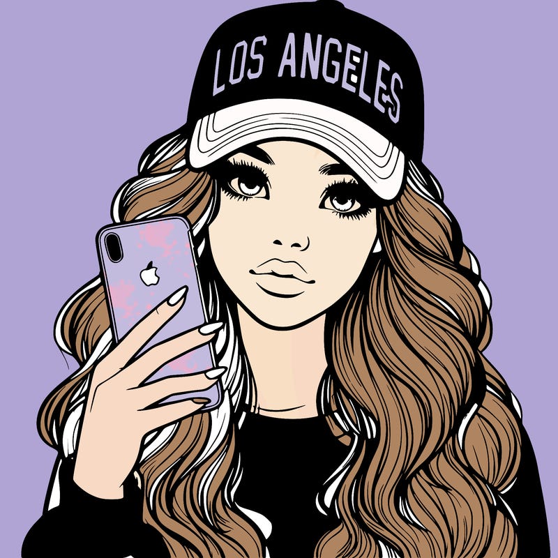 realistic beautiful girl wearing los ángeles cap holding an iphone