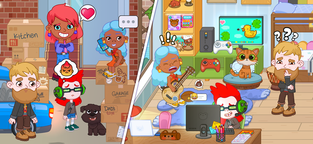 Pepi City: Hospital Life - Personaggi in stile cartone animato che spostano scatoloni e giocano ai videogiochi in un mondo di casa delle bambole digitale