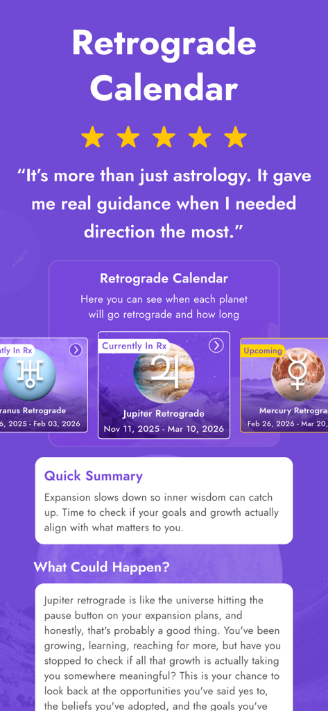 AstroBella Astrology Horoscope - AstroBellaアプリ画面、天王星、木星、水星の惑星追跡と詳細な占星術のガイダンスを含む逆行カレンダーを表示