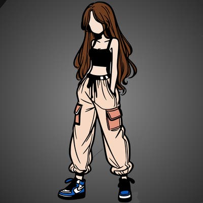 girl in baggy pants crop top and long hair