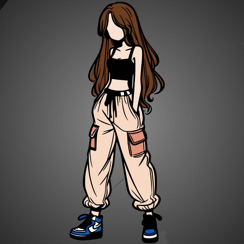 girl in baggy pants crop top and long hair