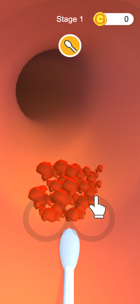 A mobile game screen showing a tool cleaning orange earwax from an ear canal in Earwax Clinic