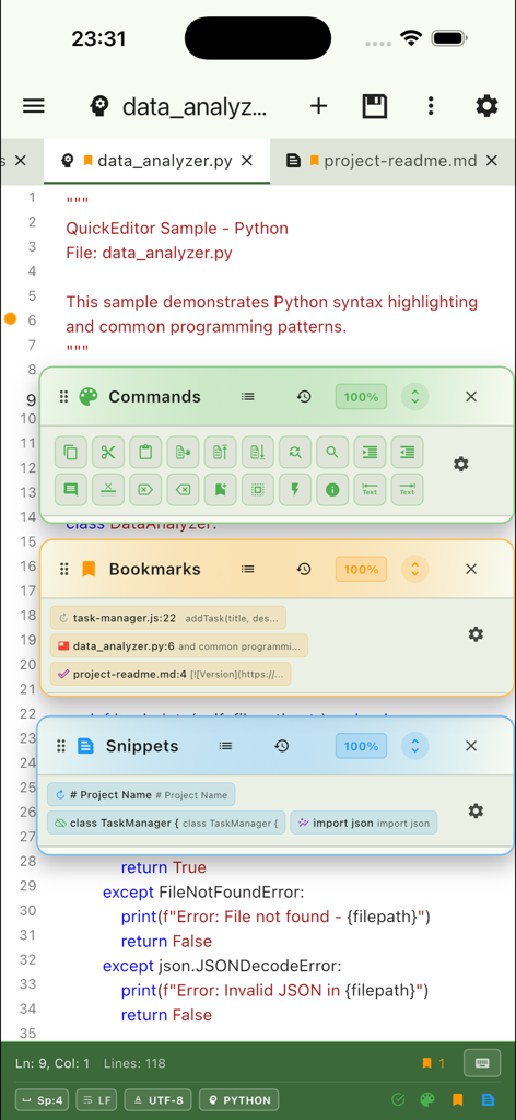 QuickEditor mobile interface showing Python code with command and snippet overlays
