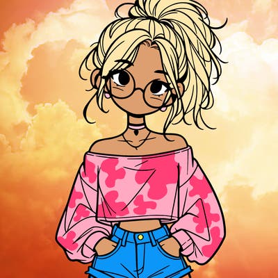 girl with a messy ponytail glasses a baggy crop top and jean shorts