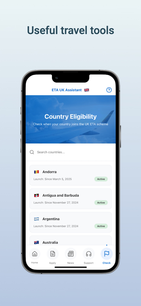 Ein Smartphone-Bildschirm der ETA UK Assistant App, der die Länderprüfungsliste für die Reiseerlaubnis für Großbritannien anzeigt.