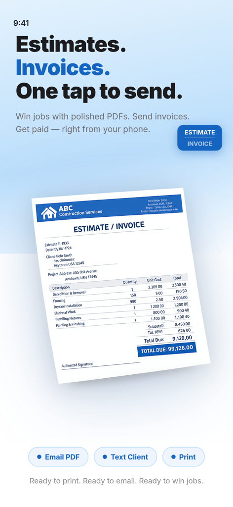 Cost Estimator - Construction+ - A professional construction estimate and invoice PDF displayed on a mobile screen with options to email text or print