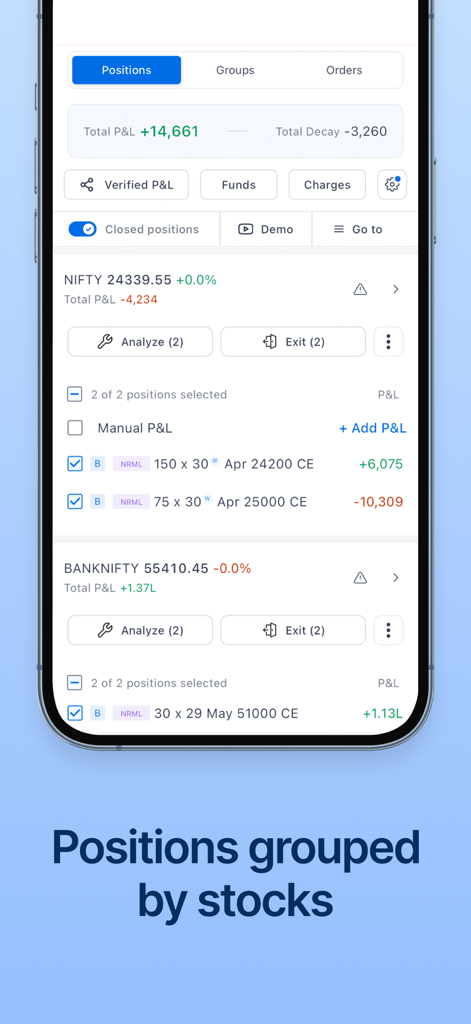 Sensibull for Options Trading - Interfaz de la aplicación Sensibull que muestra posiciones de trading agrupadas por índices bursátiles como NIFTY y BANKNIFTY.