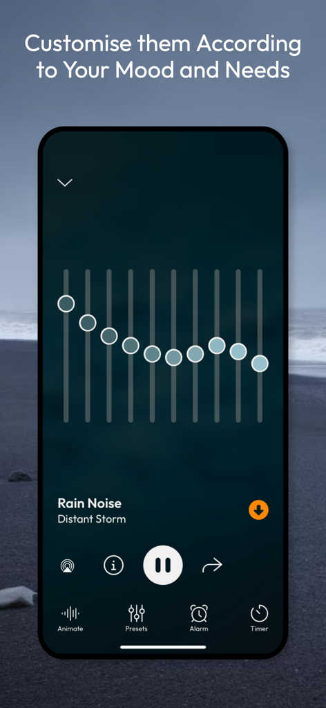 myNoise: Focus, Sleep, Relax - myNoise app interface showing a 10-slider frequency mixer for customizing rain noise soundscapes.