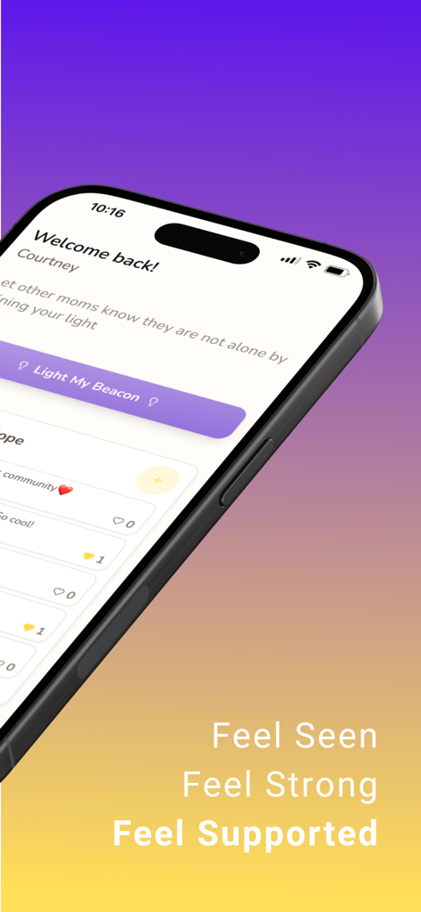Beacon: Postpartum Support - Smartphone showing the Beacon postpartum support app welcome screen and community feed