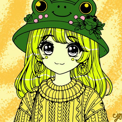 realistic girl wearing frog sweater and a frog hat with frog earrings