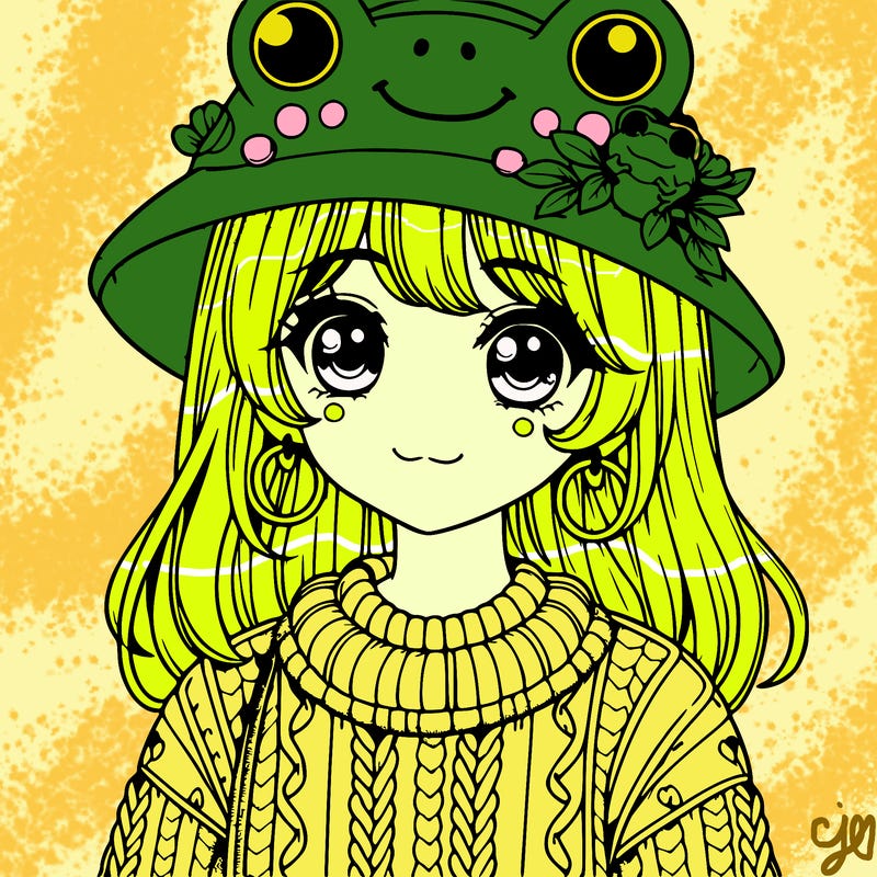 realistic girl wearing frog sweater and a frog hat with frog earrings