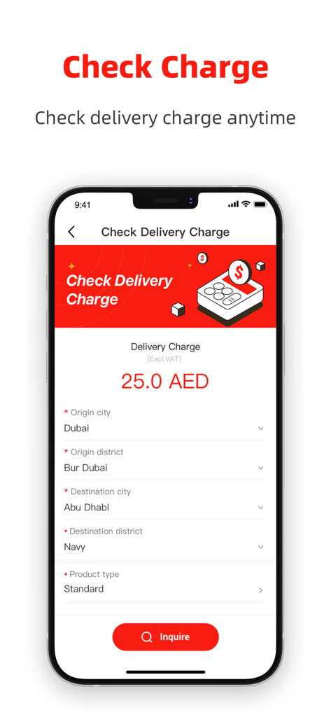 Oberfläche der JT Express Arab App zur Berechnung der Versandkosten zwischen Städten im Nahen Osten