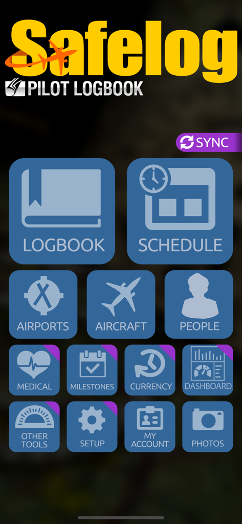 Safelog Pilot Logbook - Main dashboard of the Safelog Pilot Logbook app with navigation icons for logbook schedule aircraft and more