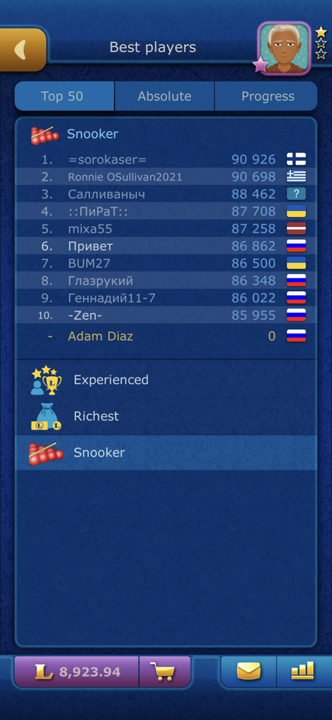 Online Snooker LiveGames - Clasificación de los mejores jugadores de snooker con rankings y puntuaciones en la app Snooker Online LiveGames