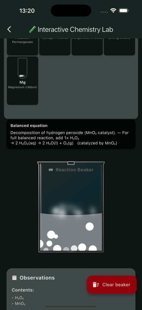 Chemistry lab pro - Simulación interactiva de laboratorio de química que muestra un matraz de reacción y una ecuación química balanceada para la descomposición del peróxido de hidrógeno