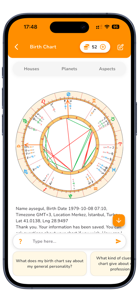 Detailed astrological birth chart and AI chat interface in the Astromatik app