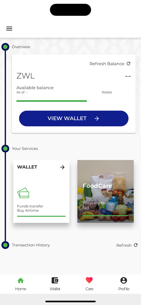 O'mari - Omari mobile app home screen with ZWL wallet overview and FoodCare services for Zimbabwean families
