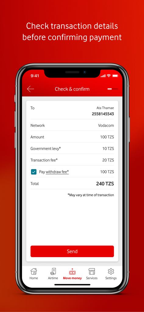Screenshot of the check and confirm payment screen on M-Pesa Tanzania app showing transaction details and withdrawal fee option.