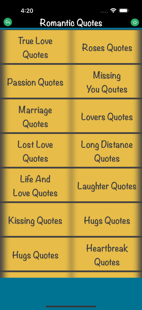 Motivational Quotes Love Quote - Um menu de categorias de citações românticas como Amor Verdadeiro, Paixão e Coração Partido.