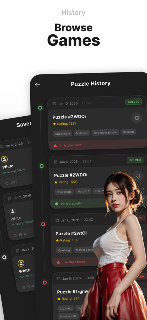Pantalla de historial de puzzles de la aplicación Lina Chess mostrando desafíos resueltos y puntuaciones.
