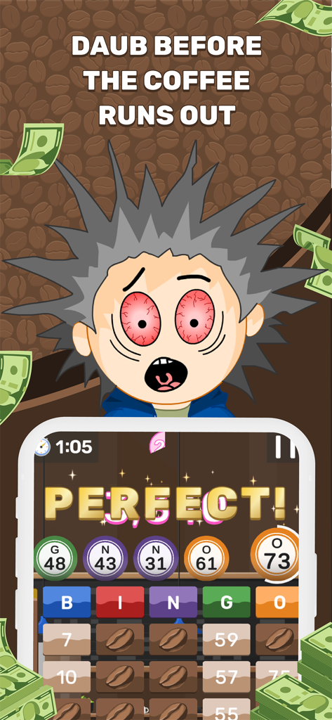 Coffee Fanatic Blackout Bingo - コーヒーテーマのブラックアウトビンゴゲーム、完璧なマッチと現金賞品を表示