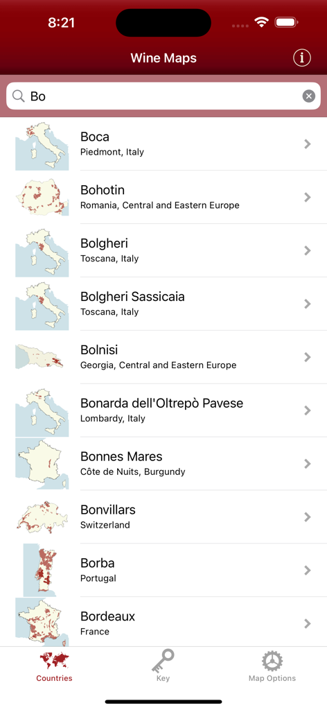Les résultats de recherche pour les régions viticoles dans l'application Wine Maps affichent des noms comme Boca, Bohotin et Bolgheri.