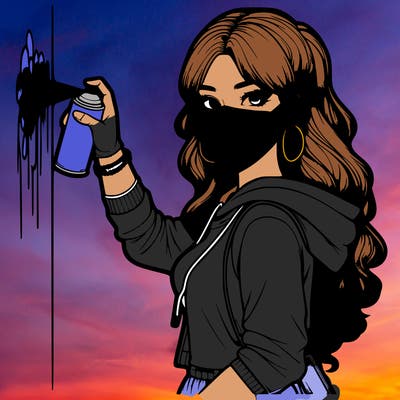 realistic girl with mask spray painting a wall