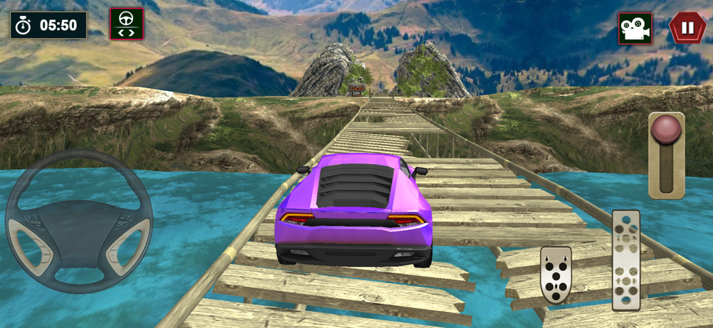 Offroad 4x4 Driving Car Games - Um carro roxo dirigindo em uma ponte de madeira precária sobre água em uma paisagem de montanha.