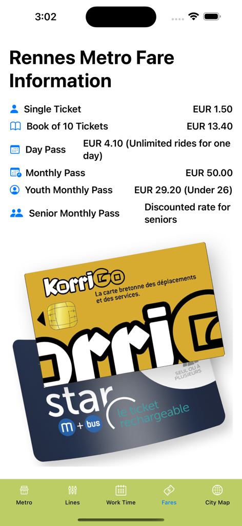 Rennes Subway Map - Informations sur les tarifs du métro de Rennes montrant les prix des billets et des passes en anglais.