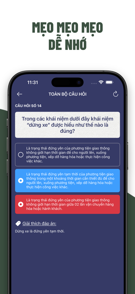 Vietnamese driving license exam practice quiz with question and answer explanation