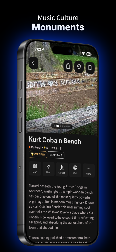 Mobile app screen showing the Kurt Cobain Bench as a music culture monument with photos and descriptions