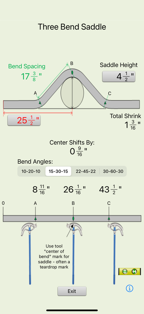 A screenshot of the Conduit Bender Elite app showing a three-bend saddle calculation with specific measurements and tool diagrams for electricians.
