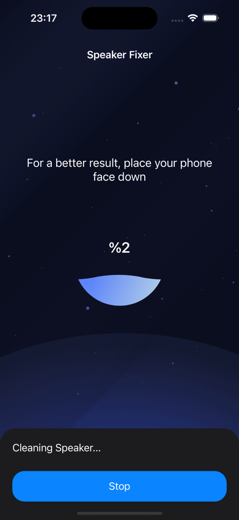 Speaker Fixer app interface showing progress of cleaning speaker from water and dust