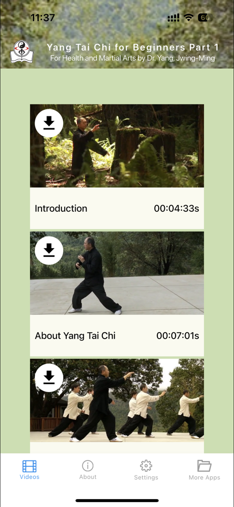 Yang Tai Chi for Beginners 1 - Yang Tai Chi for Beginners mobile app interface showing a list of instructional video lessons for health and balance