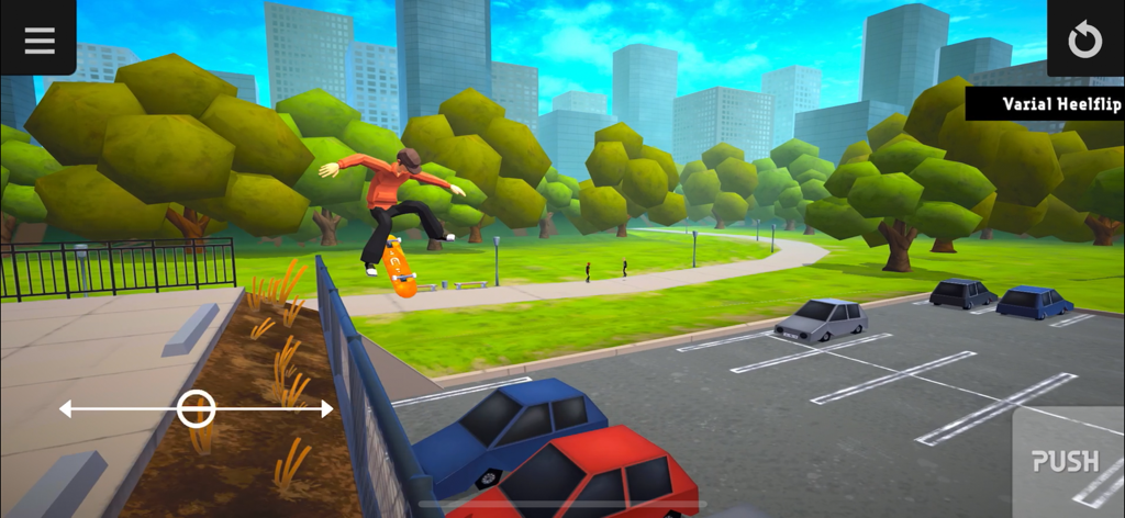 Skater Mobile - A character performing a varial heelflip over a fence into a parking lot in Skater Mobile