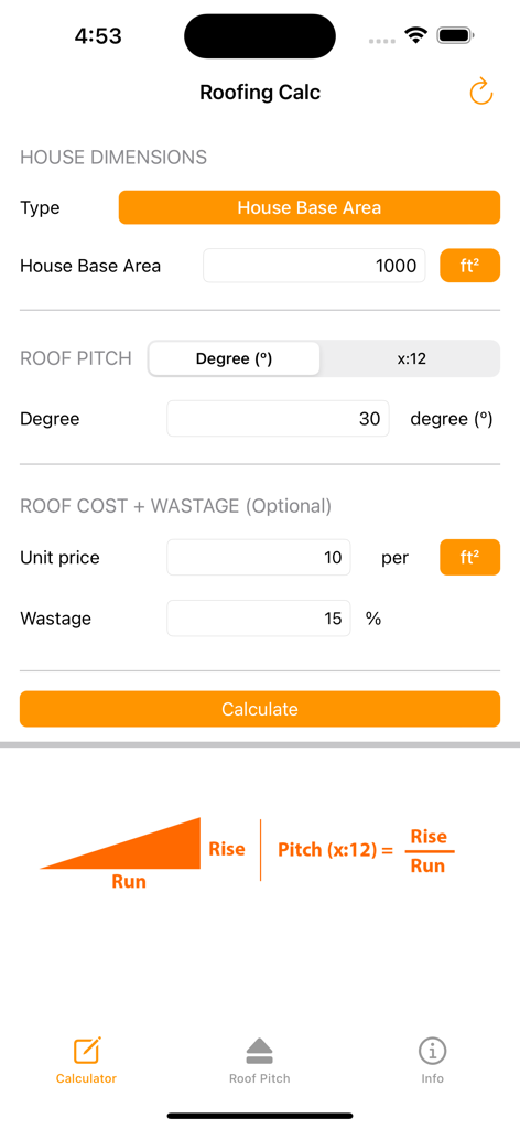 Interface of the Roof Calculator app showing house dimensions, roof pitch settings, and cost estimation fields.