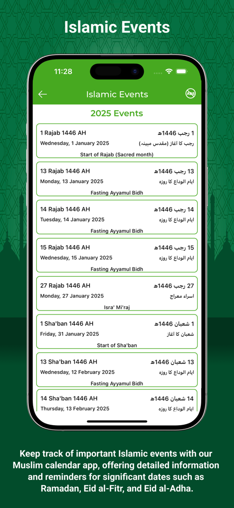 Écran Événements Islamiques dans l'application de prière affichant une liste des dates et fêtes importantes du calendrier Hégirien 2025.
