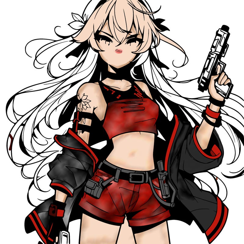 bad girl wearing crop top holding a gun long hair anime