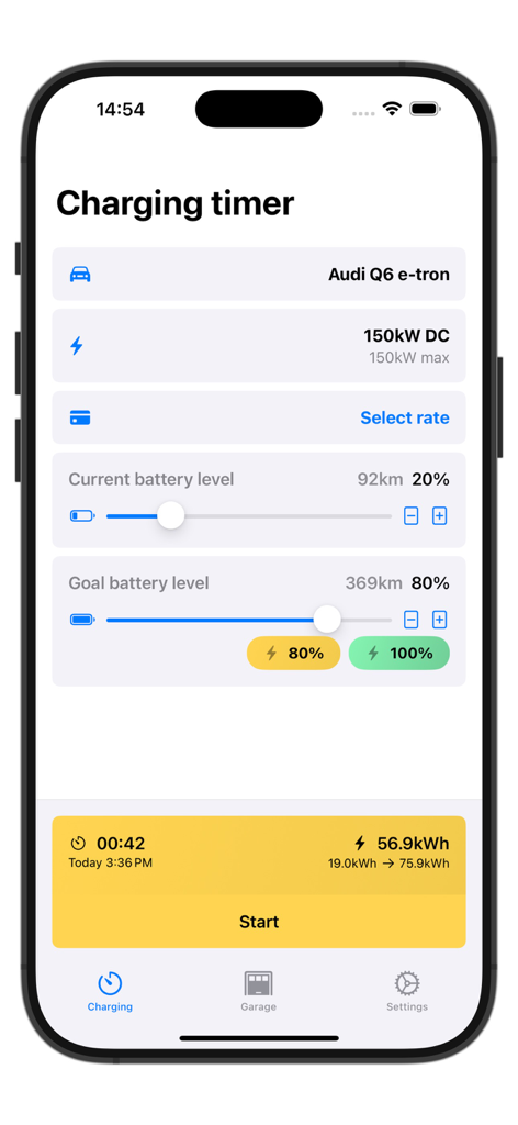 Kilowatt – Electric Car Timer - Interface of the Kilowatt app showing a charging timer for an Audi Q6 e-tron with settings for battery levels and estimated time
