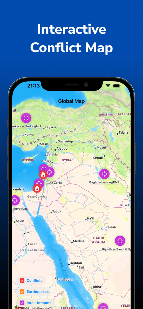World Monitor - Conflict Track - Interface of World Monitor app displaying an interactive map with real-time conflict and intelligence markers across the Middle East