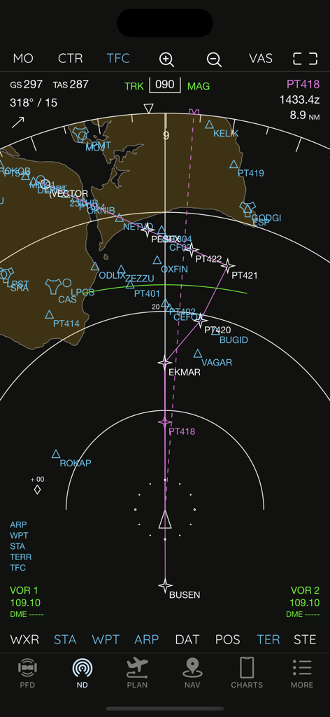 AirTrack NG navigation display showing flight track and waypoints